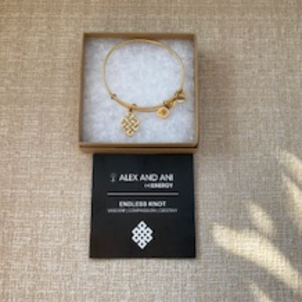 Alex and Ani Endless Knot Charm Bangle in gold-tone brass